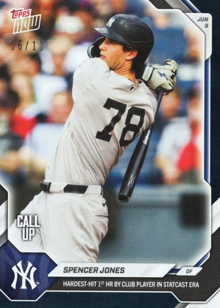 2026 Topps Now Spencer Jones #308 Black Foil /10 Hardest Hit 1st Home Run by Club Player in Statcast Era New York Yankees Rookie RC Baseball Card