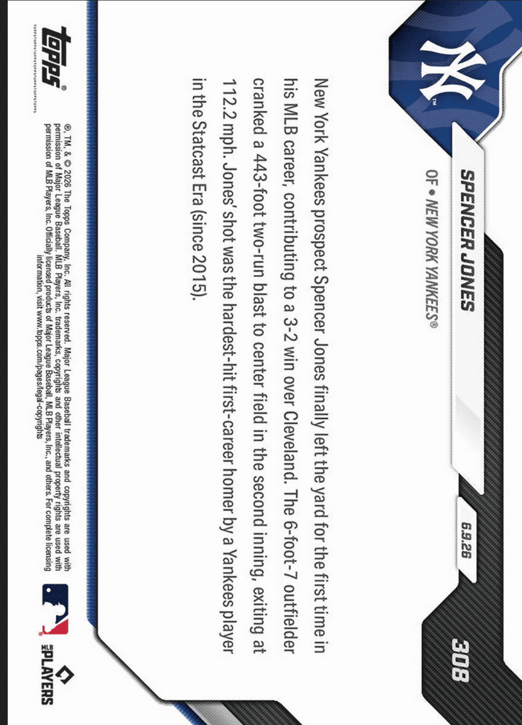 2026 Topps Now Spencer Jones #308 Gold Foil /50 Hardest Hit 1st Home Run by Club Player in Statcast Era New York Yankees Rookie RC Baseball Card