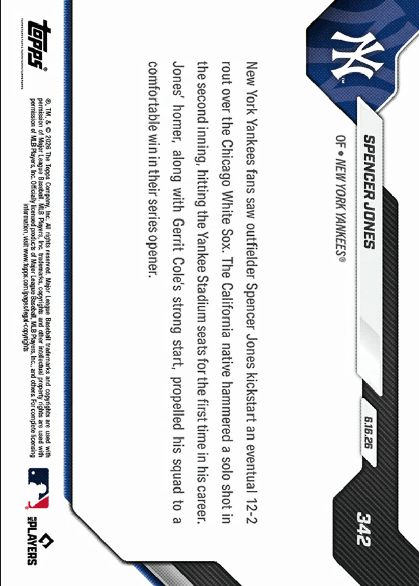 2026 Topps Now Spencer Jones #342 1st Career Yankee Stadium Home Run Ignites 12 Run Rout New York Yankees Rookie RC Baseball Card