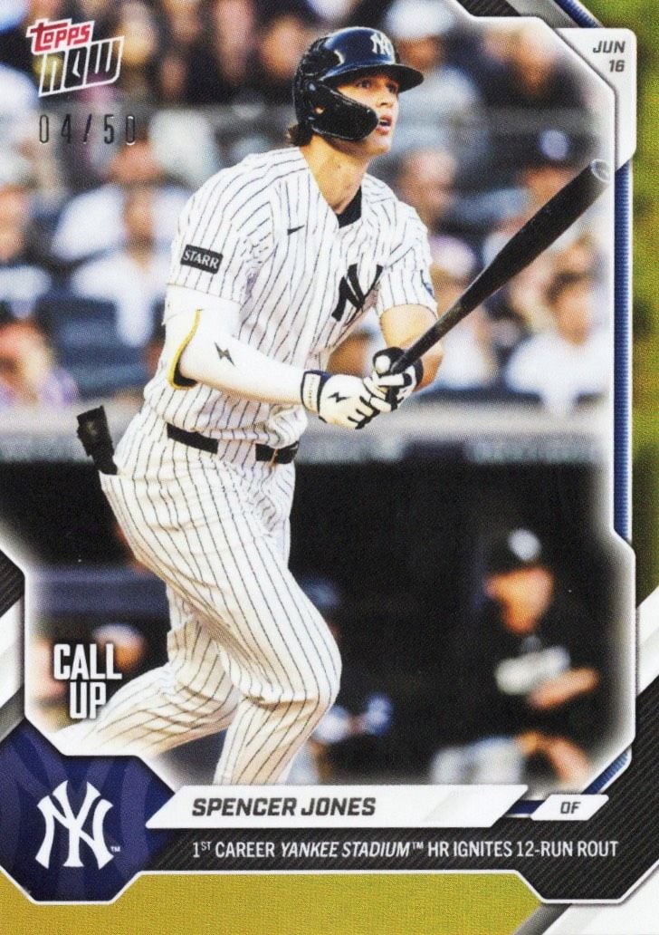 2026 Topps Now Spencer Jones #342 Gold Foil /50 1st Career Yankee Stadium Home Run Ignites 12 Run Rout New York Yankees Rookie RC Baseball Card