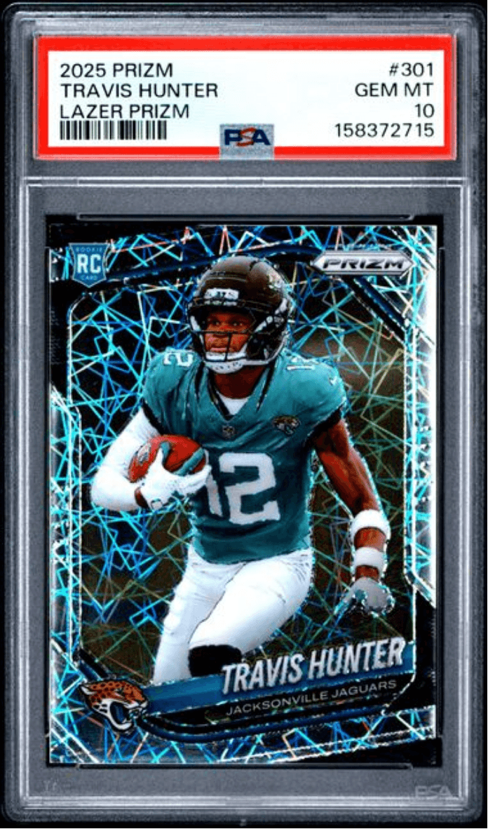 Graded 2025 Panini Prizm Travis Hunter #301 Lazer Prizm Rookie RC Football Card PSA 10 Gem Mint