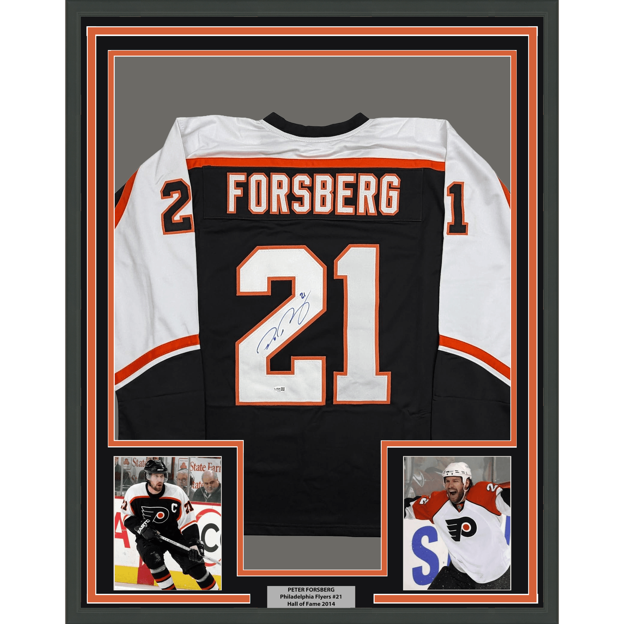 Framed Autographed/Signed Peter Forsberg 35x39 Philadelphia Black Hockey Jersey JSA COA