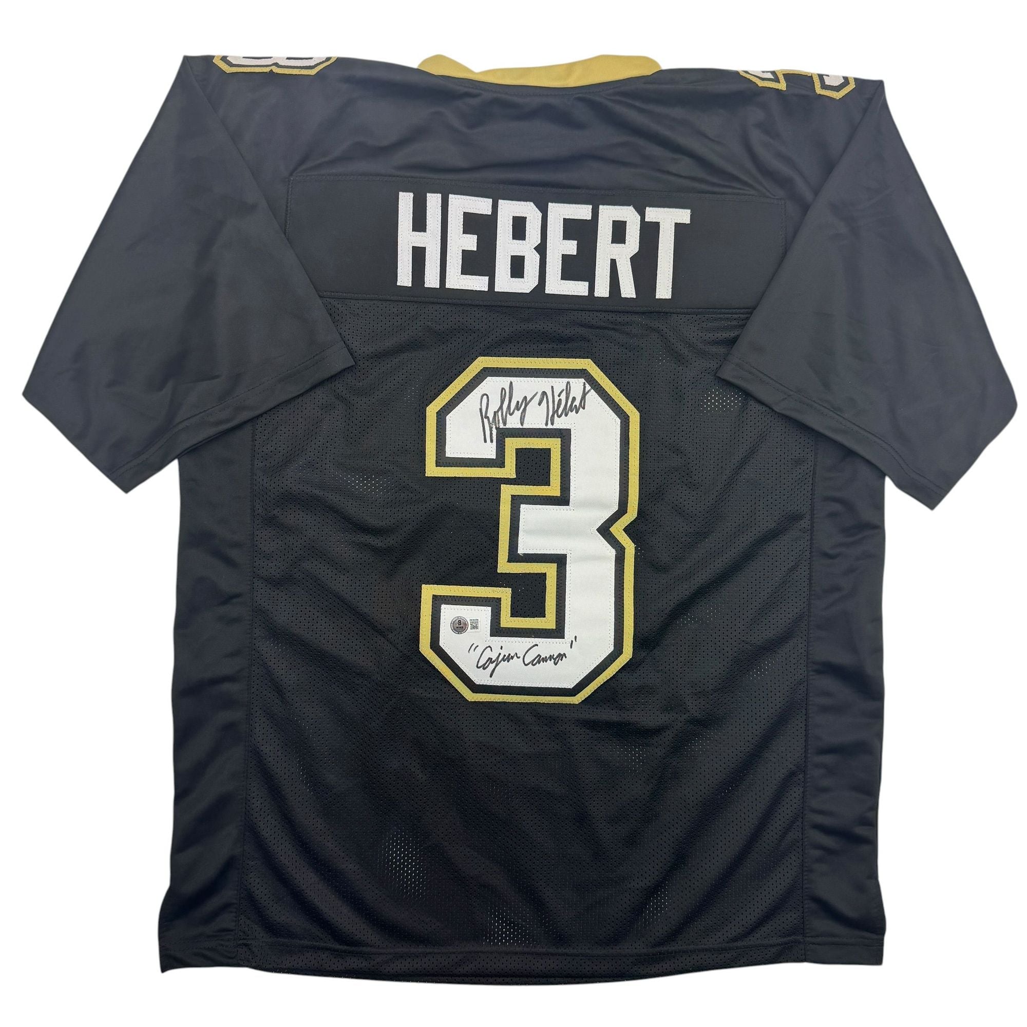 Autographed/Signed Bobby Hebert Cajun Cannon New Orleans Black Football Jersey Beckett BAS COA