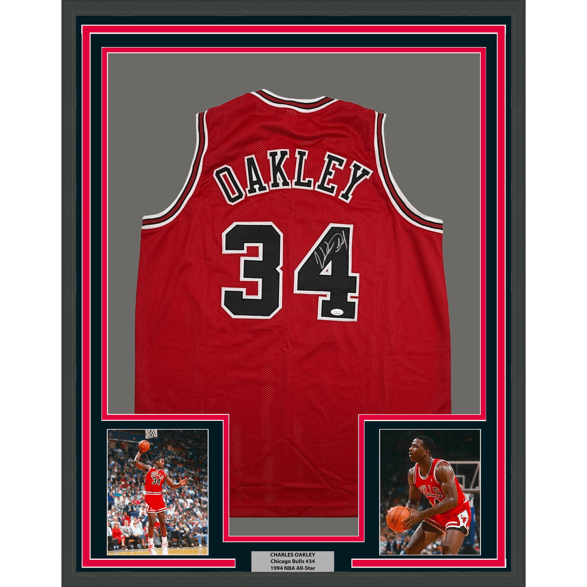 Framed Autographed/Signed Charles Oakley 35x39 Chicago Red Basketball Jersey JSA COA