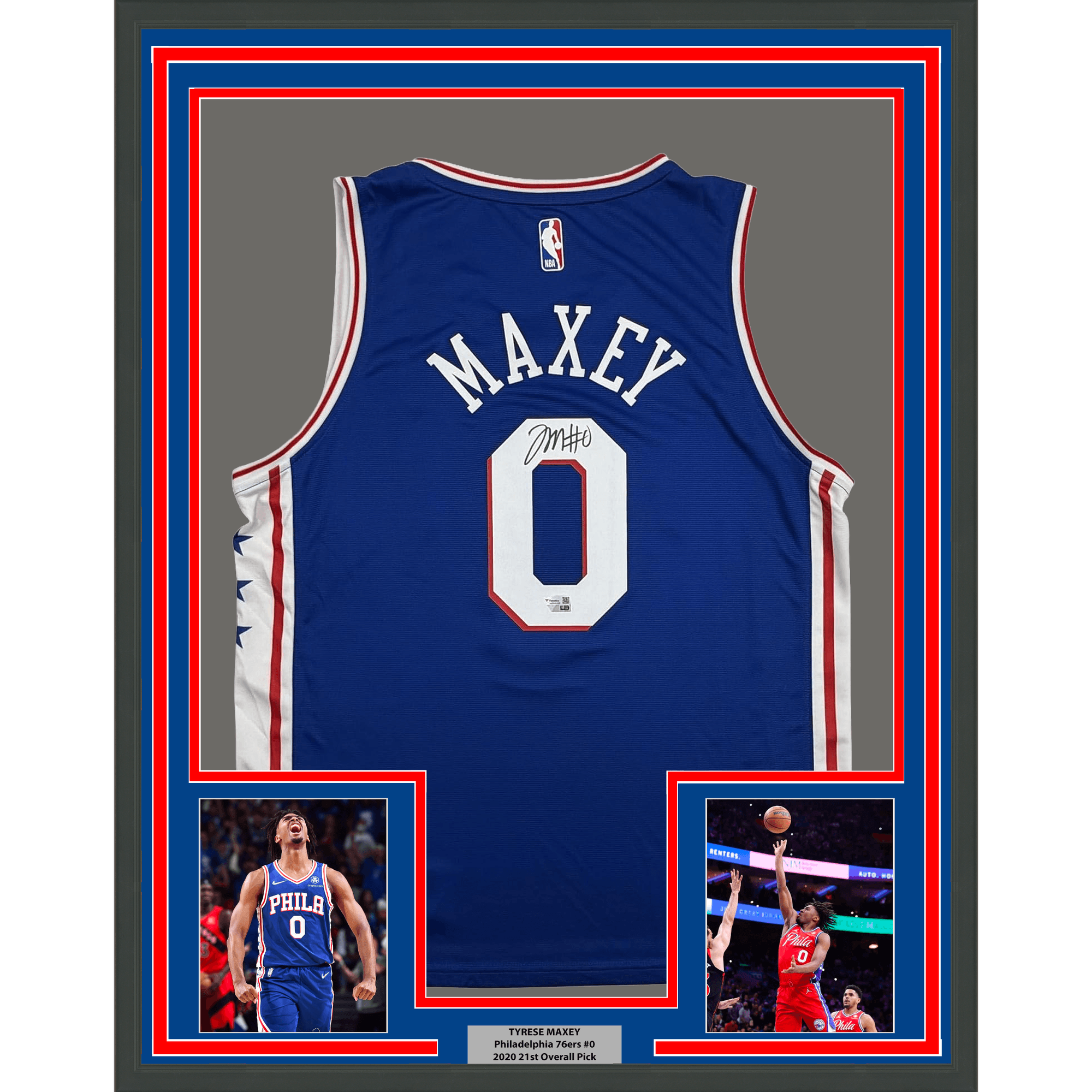 Framed Autographed/Signed Tyrese Maxey 35x39 Philadelphia 76ers Sixers Blue Authentic Basketball Jersey Fanatics COA