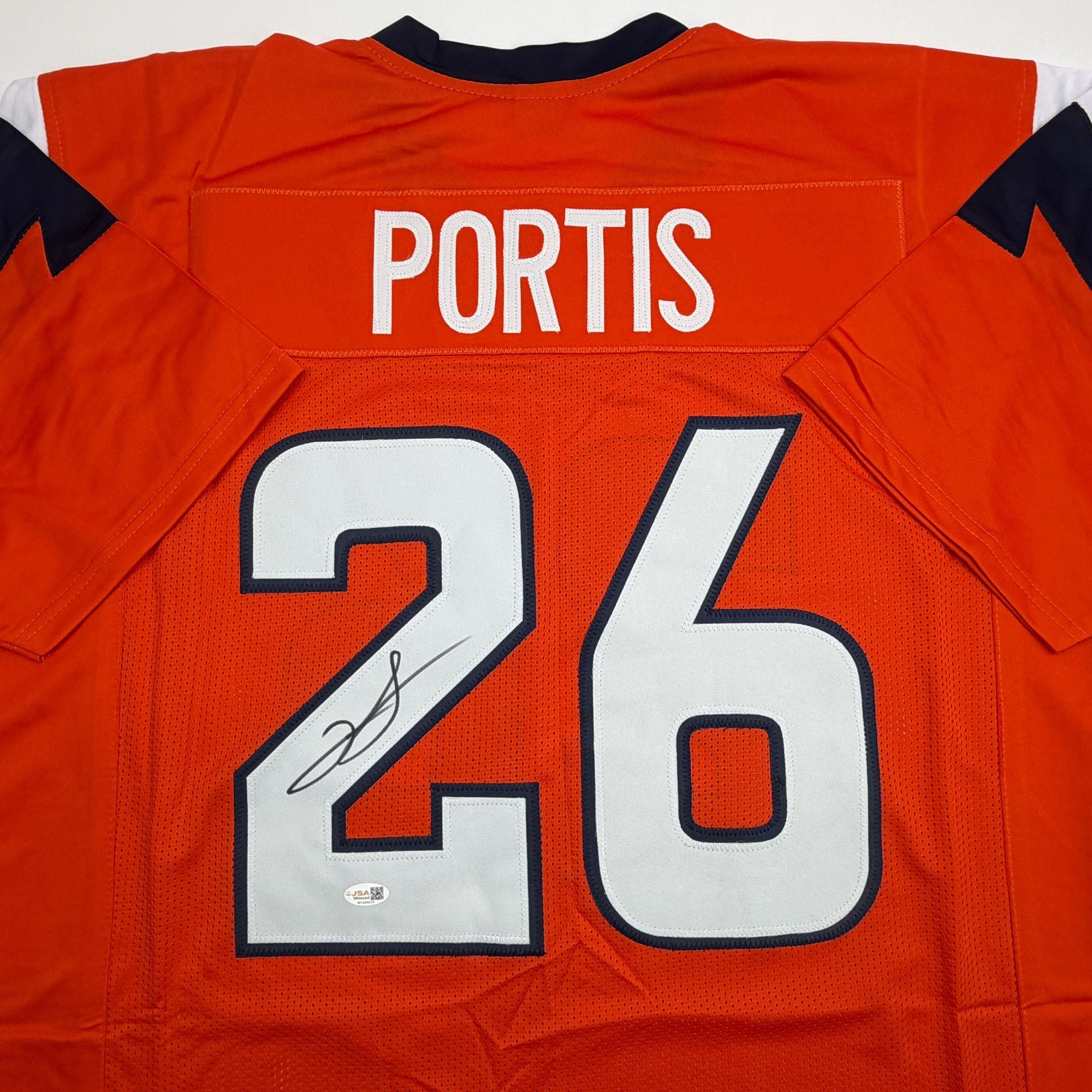 Autographed/Signed Clinton Portis Denver Current Orange Football Jersey JSA COA