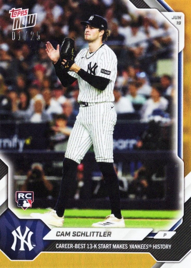 2026 Topps Now Cam Schlittler #355 Orange Foil /25 Career Best 13K Start Makes Yankees History New York Yankees Rookie RC Baseball Card
