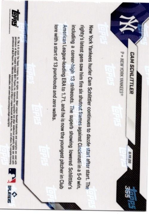 2026 Topps Now Cam Schlittler #355 Gold Foil /50 Career Best 13K Start Makes Yankees History New York Yankees Rookie RC Baseball Card