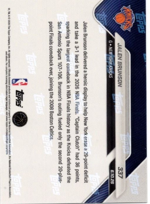 2025 Topps Now Jalen Brunson #337 Gold Foil /50 36 Points + Clutch 4th Quarter Powers Historic Finals Comeback New York Knicks Basketball Card