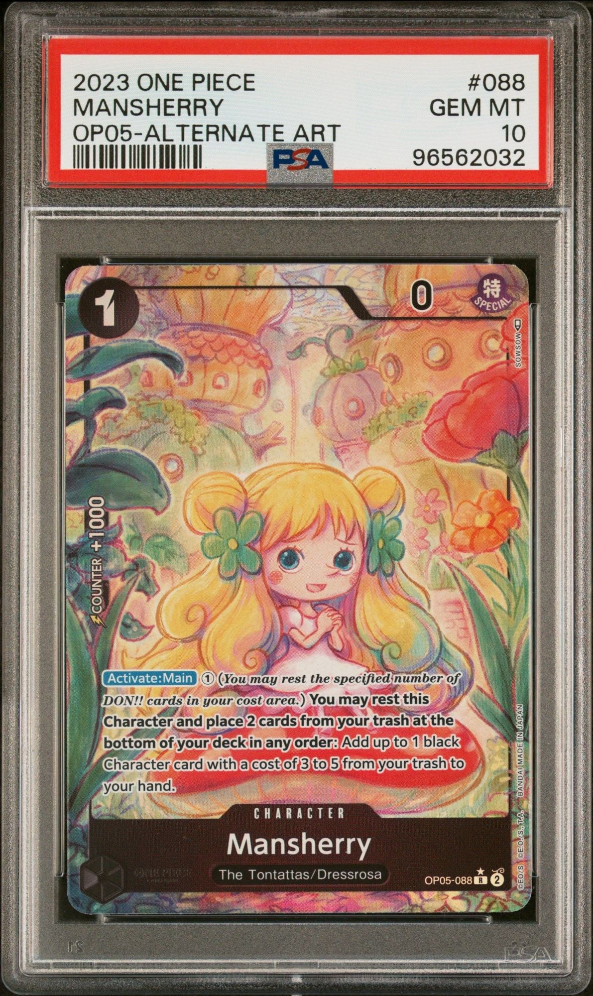 Graded 2023 One Piece Mansherry #088 Awakening of the New Era Alt Art OP05 Trading Card Game PSA 10 Gem Mint