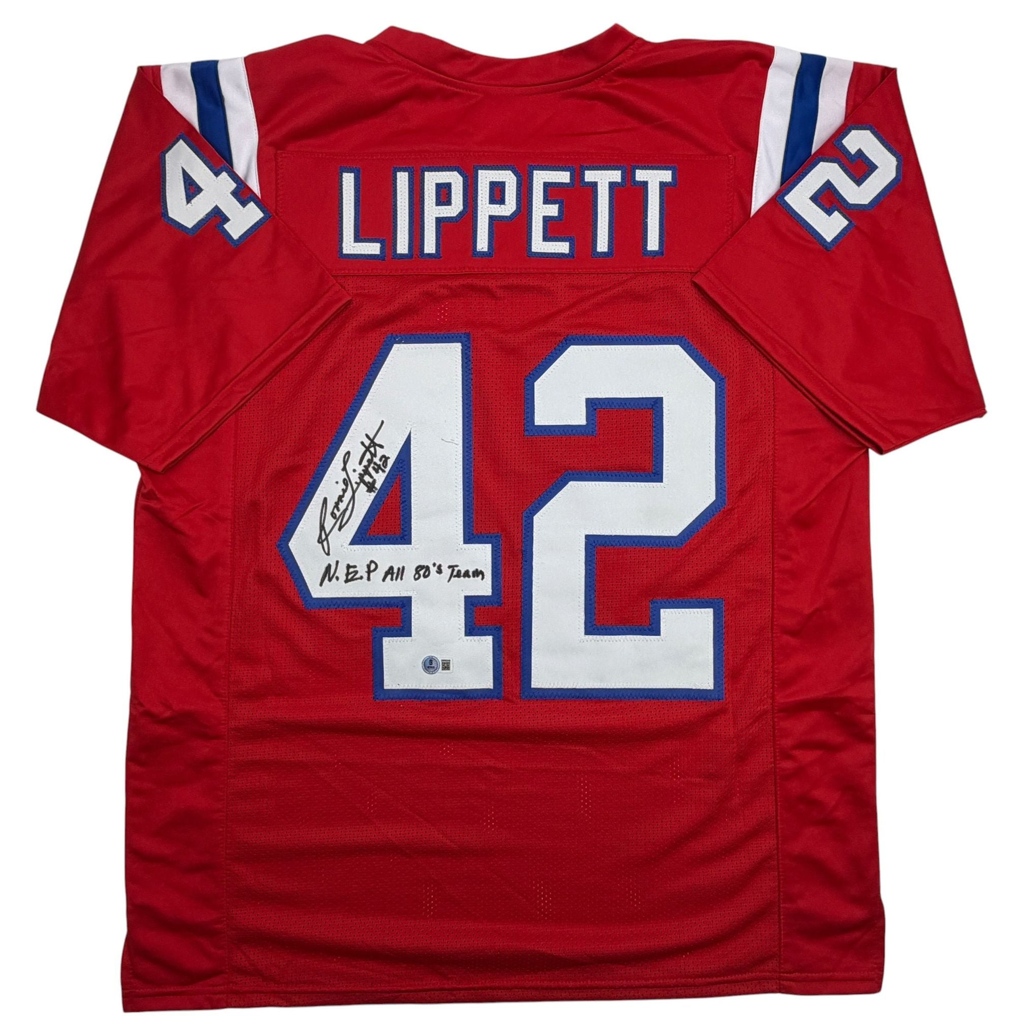 Autographed/Signed Ronnie Lippett New England Red Football Jersey Beckett BAS COA