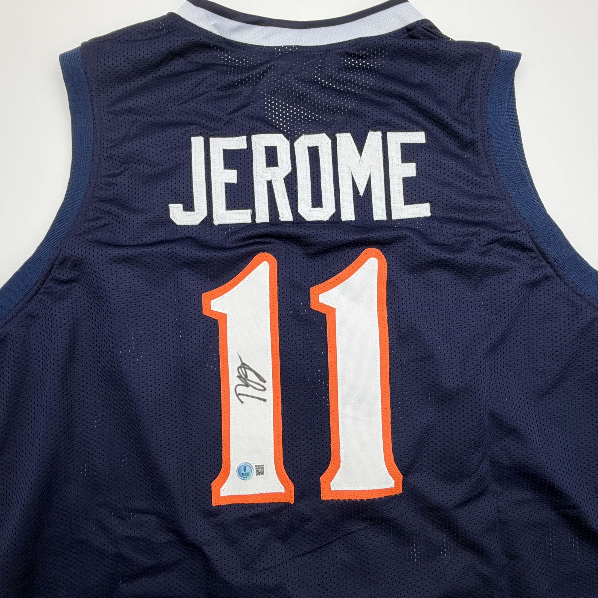 Autographed/Signed Ty Jerome Virginia Blue College Basketball Jersey Beckett BAS COA