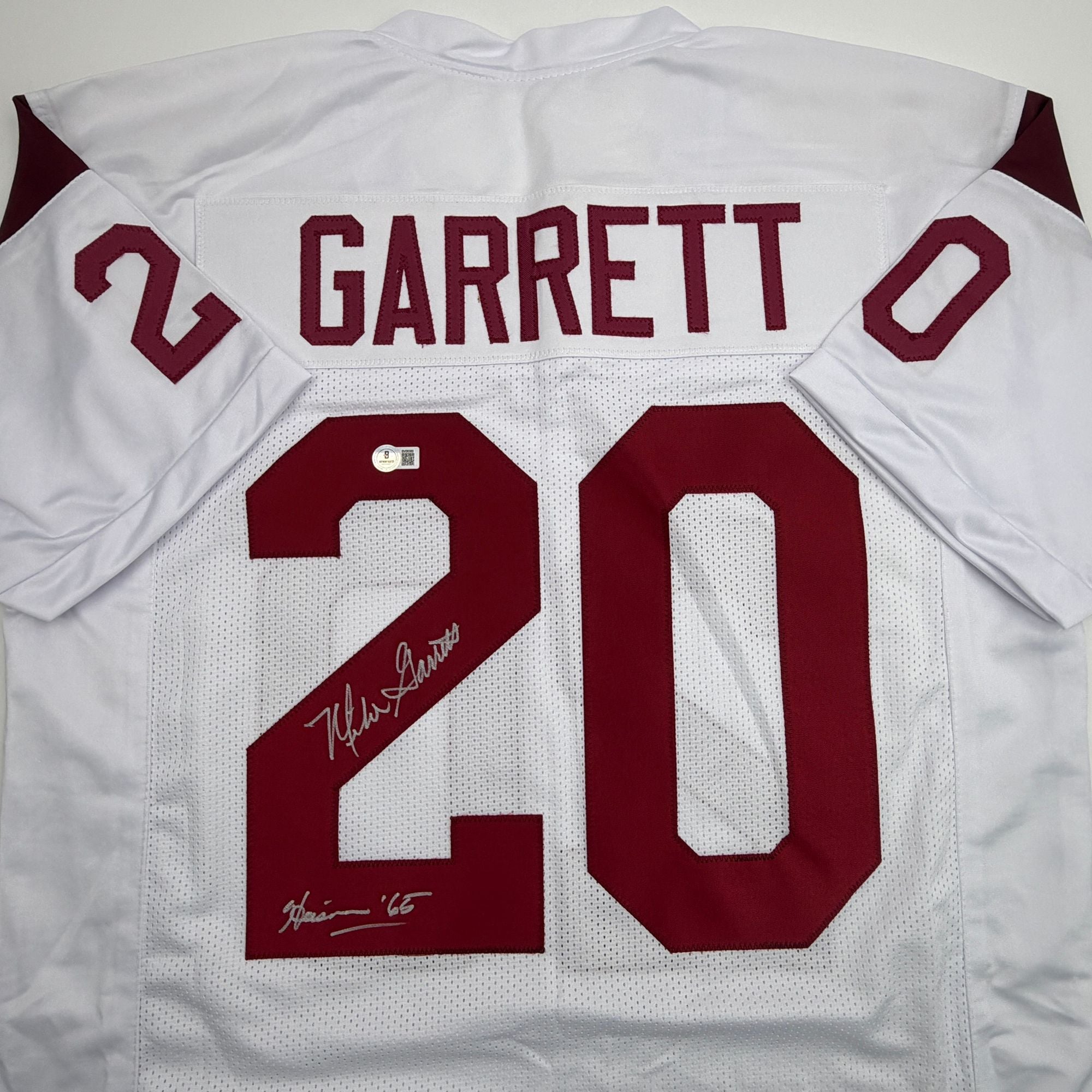 Autographed/Signed Mike Garrett Heisman 65 USC Southern Cal White College Football Jersey Beckett BAS COA