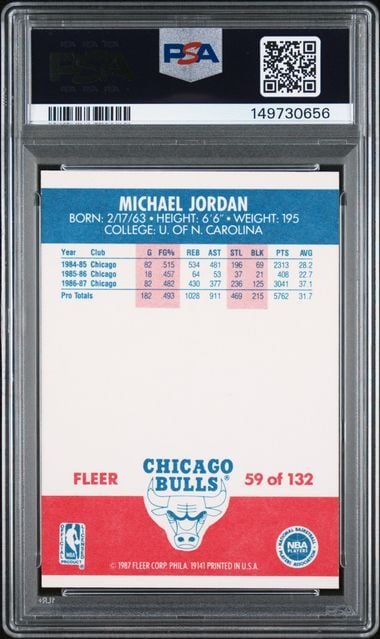 Graded 1987 Fleer Michael Jordan #59 2nd Year Basketball Card PSA 6 EX-MT