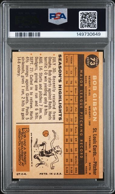 Graded 1960 Topps Bob Gibson #73 Baseball Card PSA 4 VG-EX