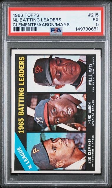 Graded 1966 Topps NL Batting Leaders Clemente Aaron Mays #215 Baseball Card PSA 5 Excellent