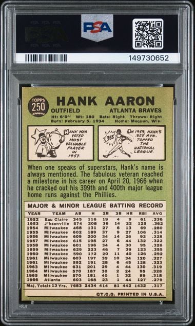 Graded 1967 Topps Hank Aaron #250 Baseball Card PSA 6 EX-MT