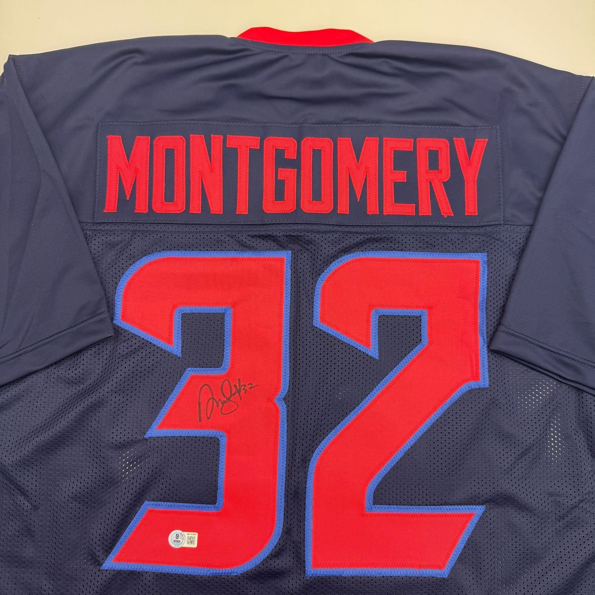 Autographed/Signed David Montgomery Houston Blue Alternate Football Jersey Beckett BAS COA