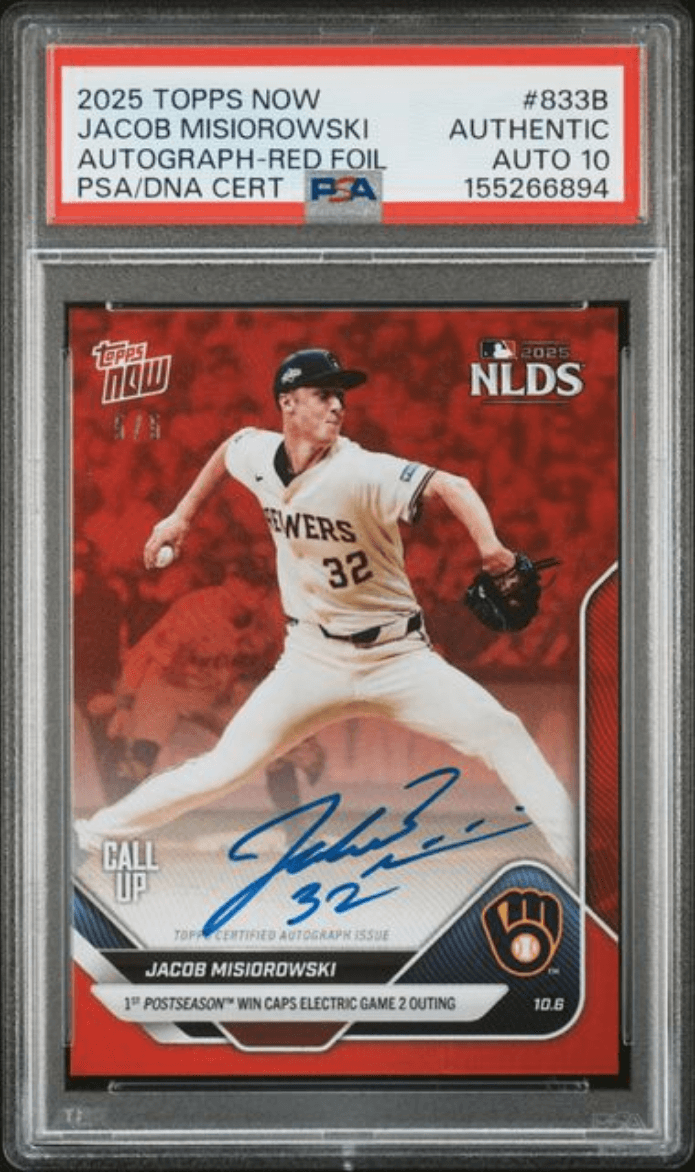 Graded 2025 Topps Now Jacob Misiorowski #833B Auto Red Foil /5 Rookie RC Baseball Card Authentic Auto PSA 10 Gem Mint