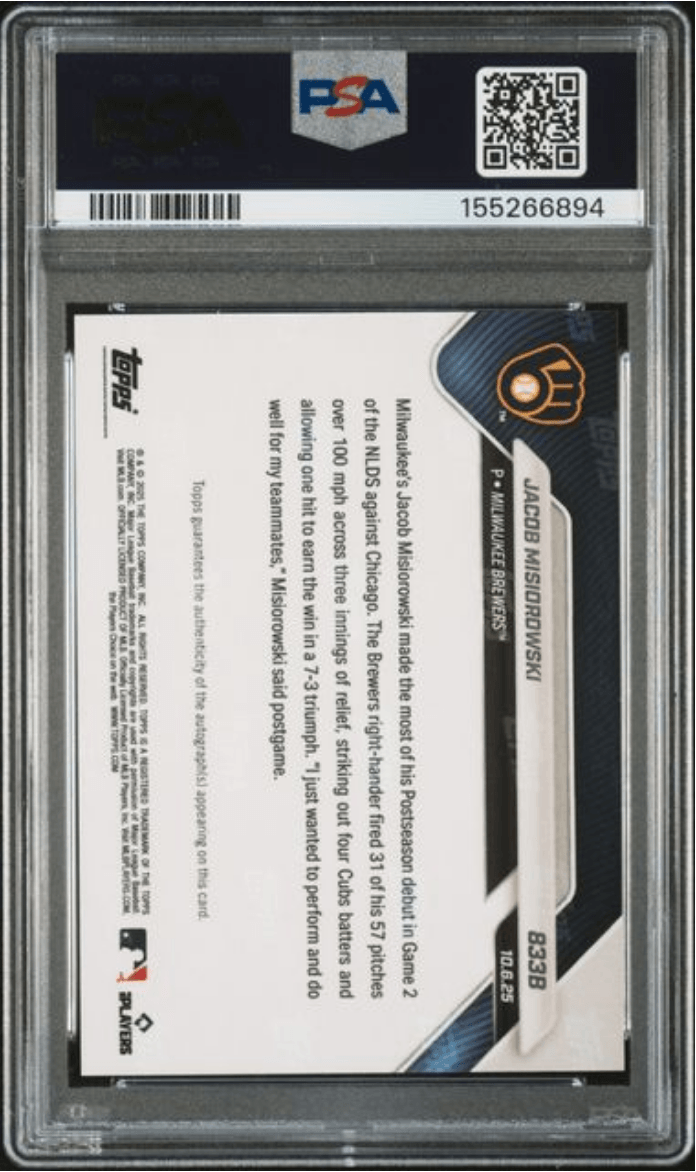 Graded 2025 Topps Now Jacob Misiorowski #833B Auto Red Foil /5 Rookie RC Baseball Card Authentic Auto PSA 10 Gem Mint
