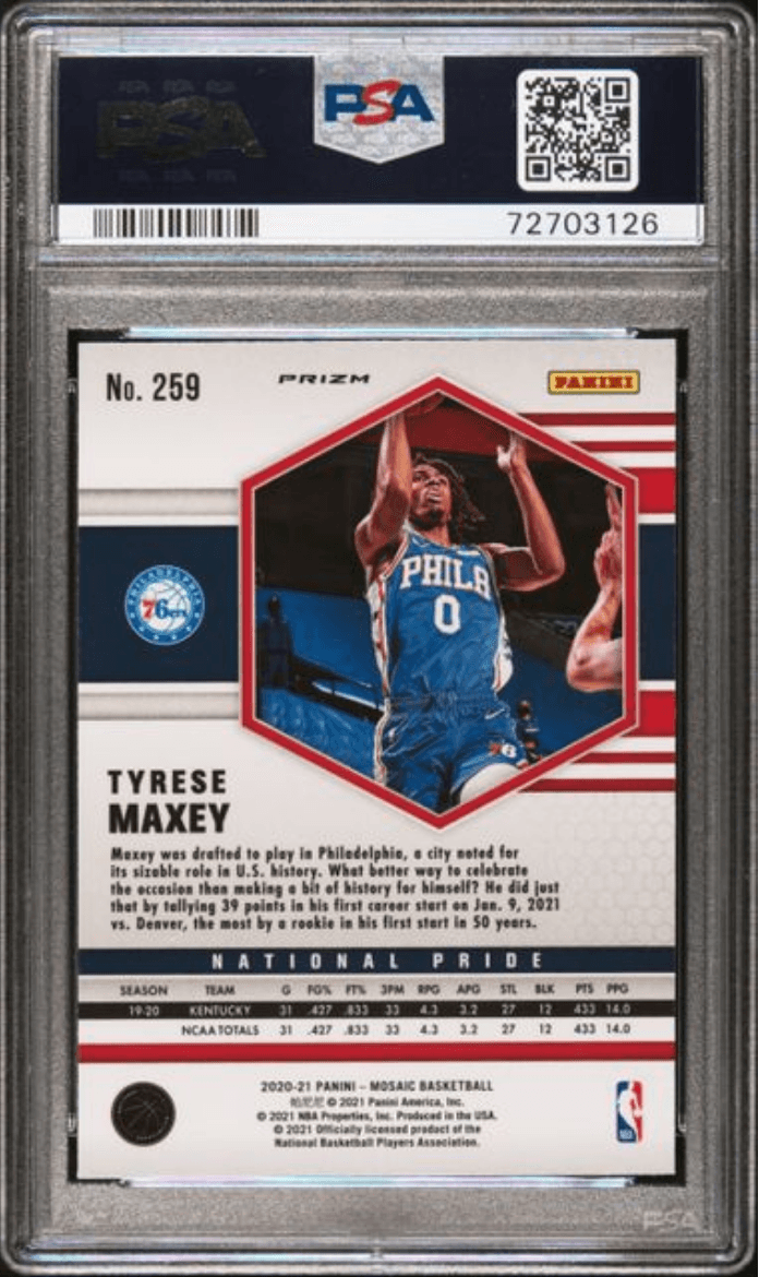 Graded 2020 Panini Mosaic Tyrese Maxey #259 Reactive Green Rookie RC Basketball Card PSA 10 Gem Mint