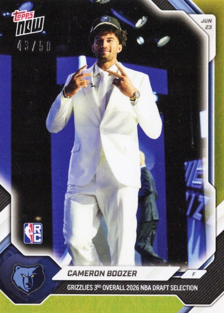 2026 Topps Now Cameron Boozer #CBOO Gold Foil /50 Grizzlies 3rd Overall 2026 NBA Draft Selections Memphis Grizzlies Rookie RC Basketball Card