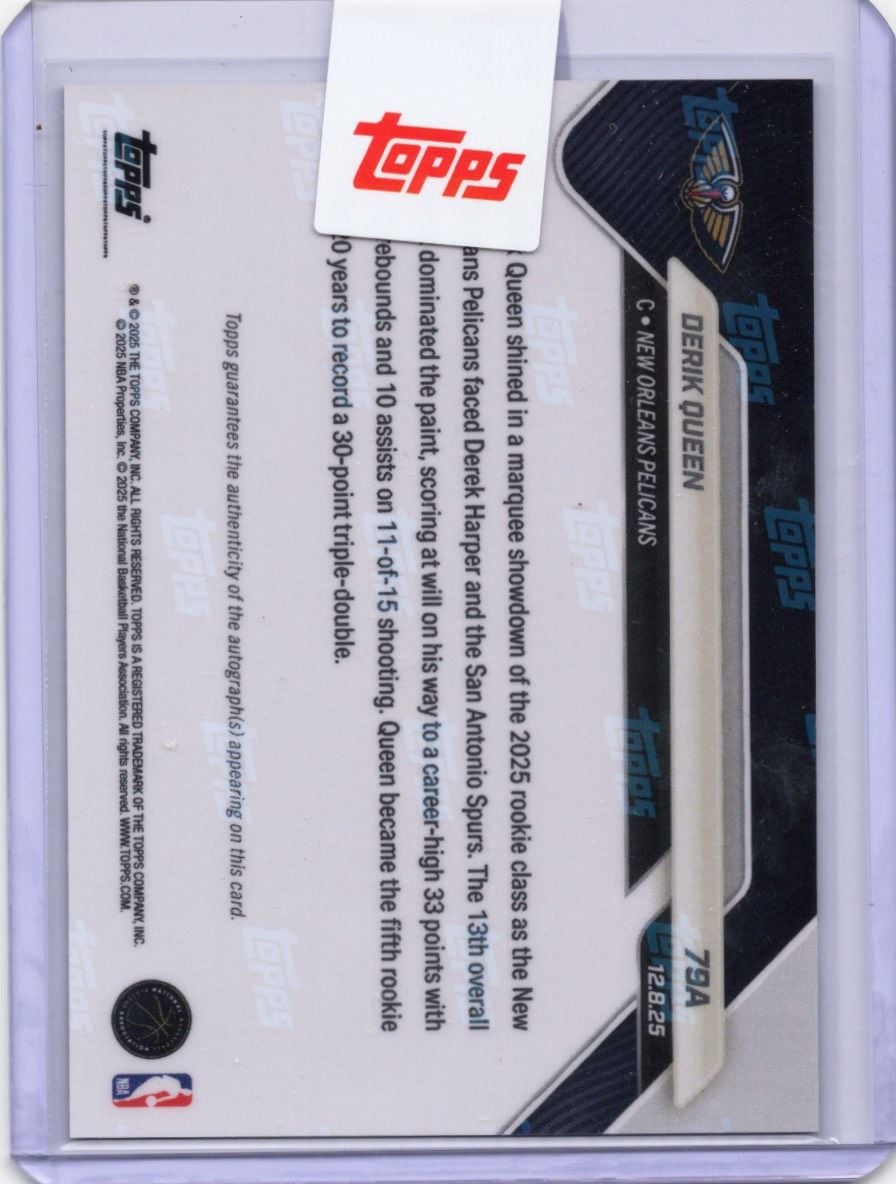 2025 Topps Now Derik Queen #79A Black Auto /10 Star Rookie Logs First Career Triple Double New Orleans Pelicans Rookie RC Basketball Card
