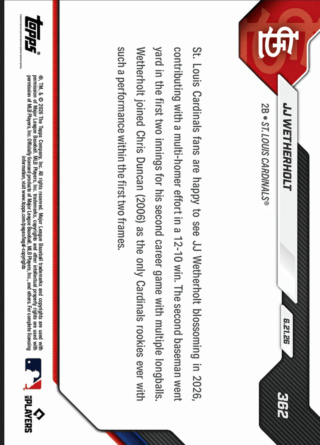 2026 Topps Now JJ Wetherholt #362 Black Foil /10 2nd Club Rookie with Home Runs in 1st Two Innings St Louis Cardinals Rookie RC Baseball Card