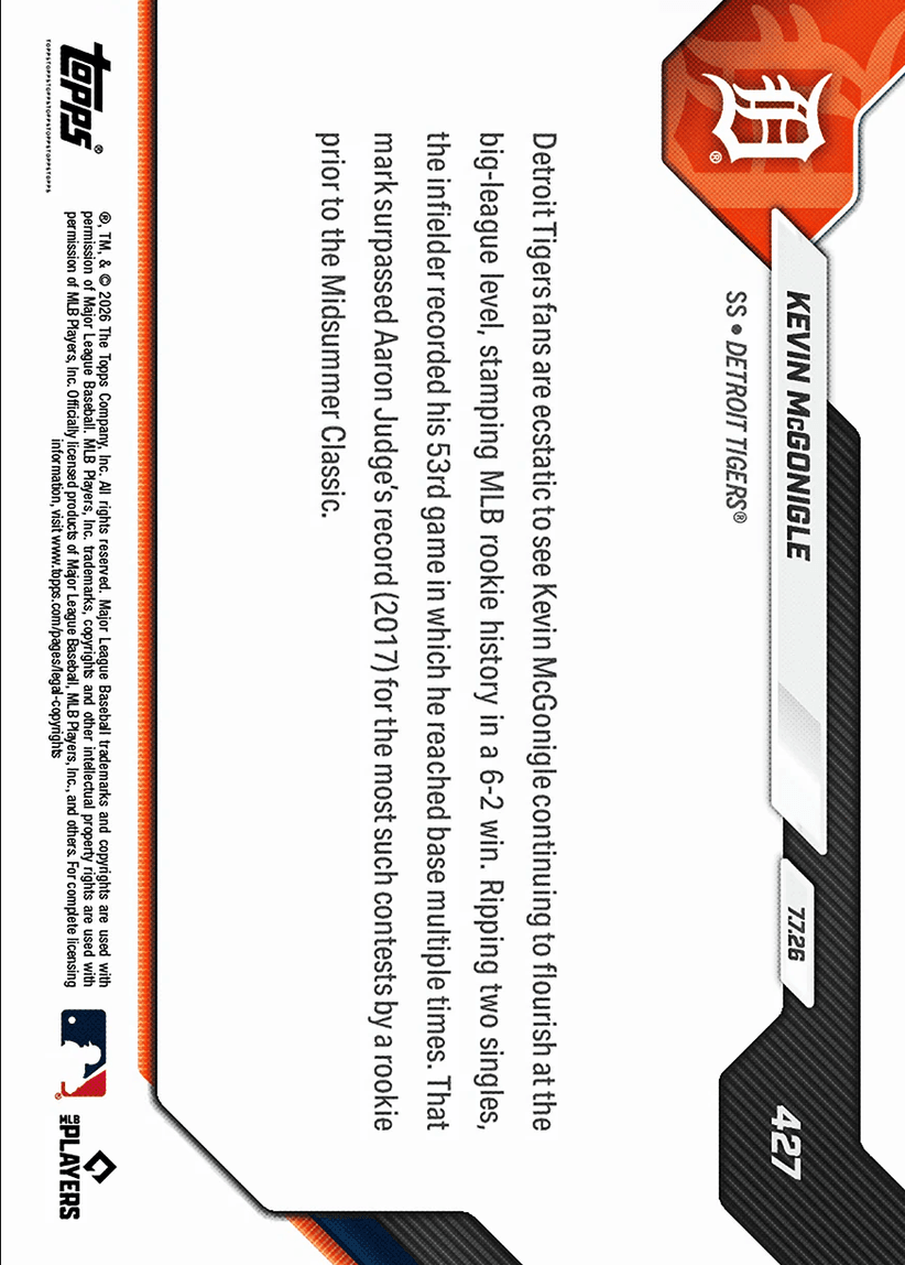 2026 Topps Now Kevin McGonigle #427 53rd Multiple On Base Game Sets MLB Rookie Mark Detroit Tigers Rookie RC Baseball Card