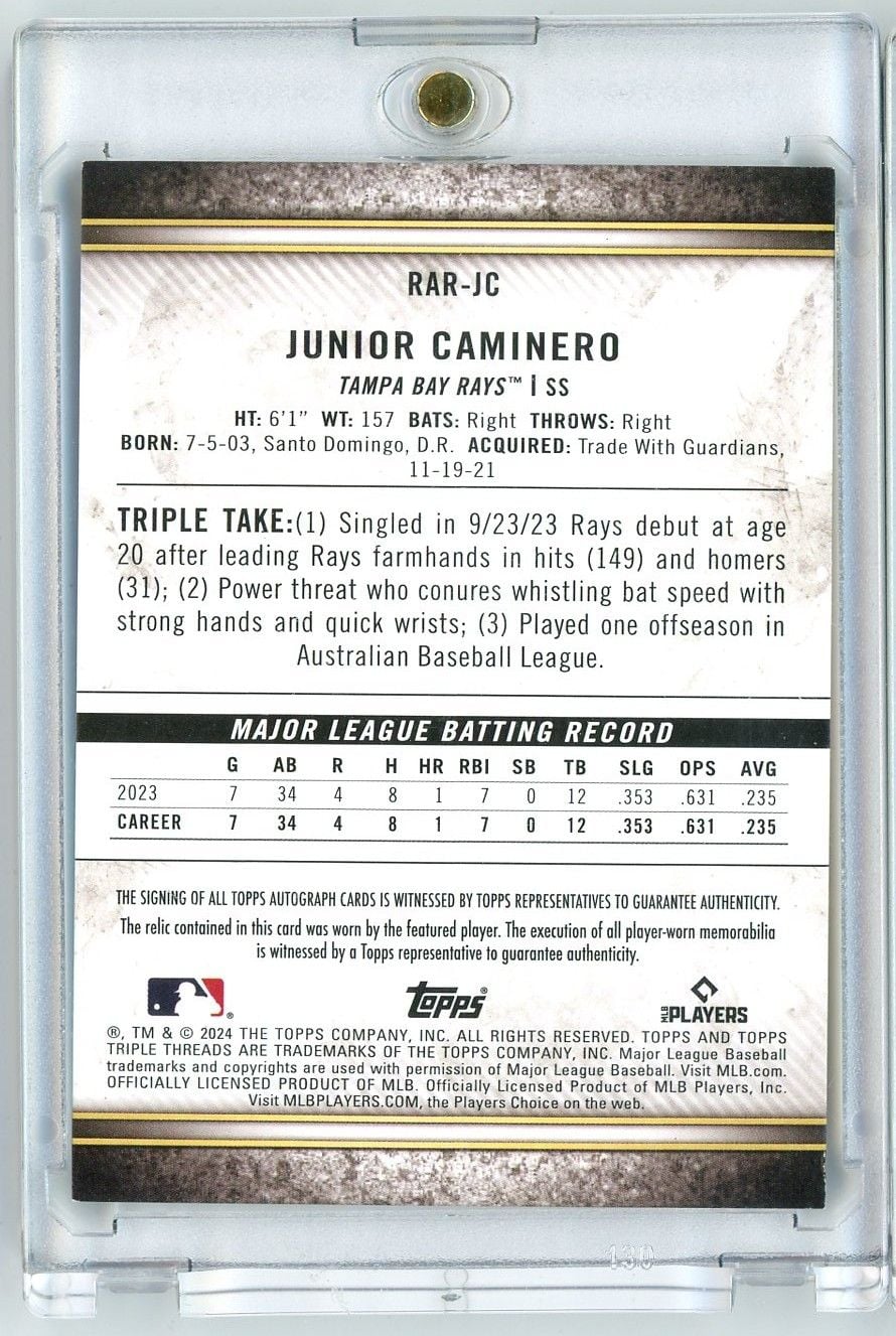 2024 Topps Triple Threads Junior Caminero #RAR-JC Relic Patch Auto RPA /75 Rookie RC Baseball Card
