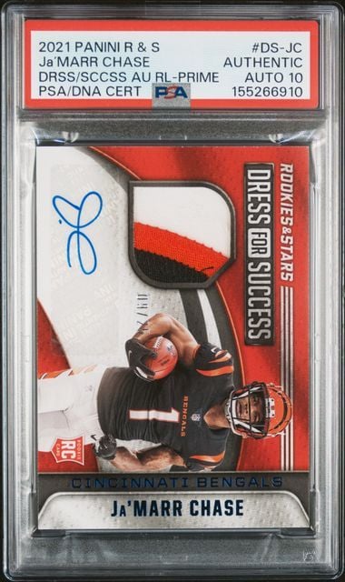 Graded 2021 Panini Rookies & Stars Ja'Marr Chase #DS-JC Patch Autograph /25 Rookie RC Football Card PSA 10 Auto Gem Mint