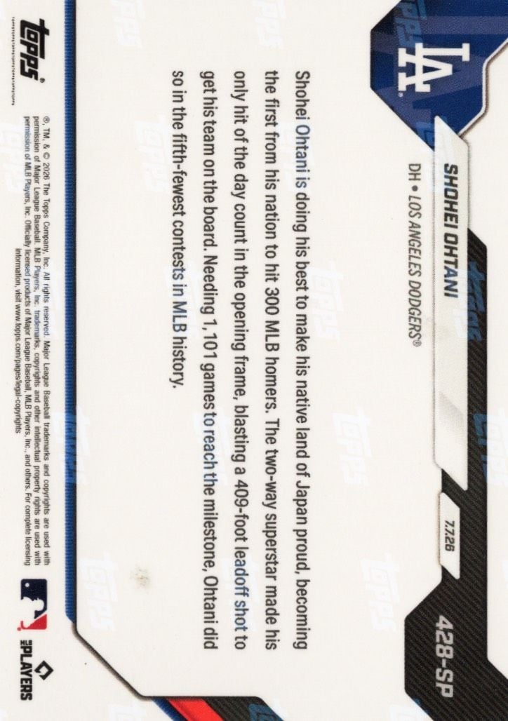 2026 Topps Now Shohei Ohtani #428SP 1st Japanese Player to Reach 300 MLB Home Runs Los Angeles Dodgers Baseball Card