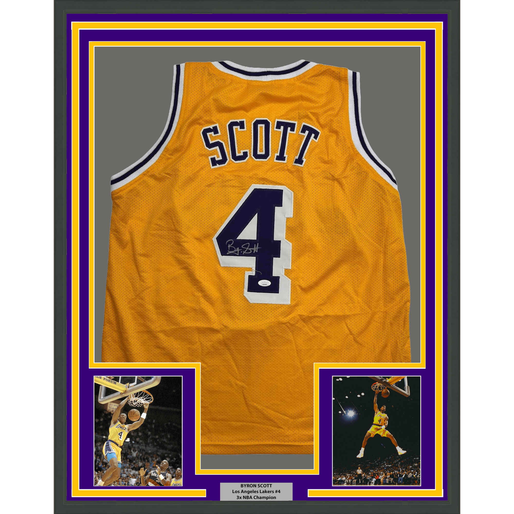 Framed Autographed/Signed Byron Scott 35x39 Los Angeles Yellow Basketball Jersey JSA COA