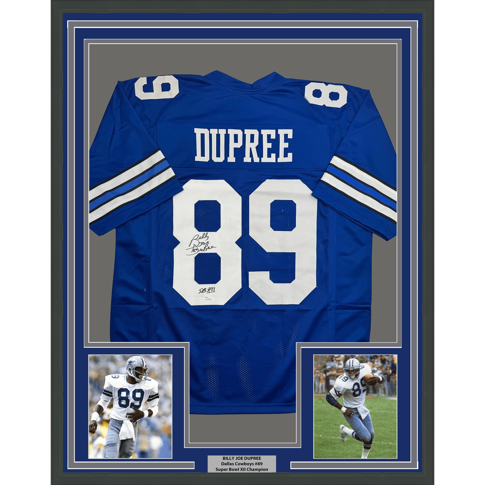 Framed Autographed/Signed Billy Joe DuPree 35x39 SB XII Dallas Blue Football Jersey JSA COA
