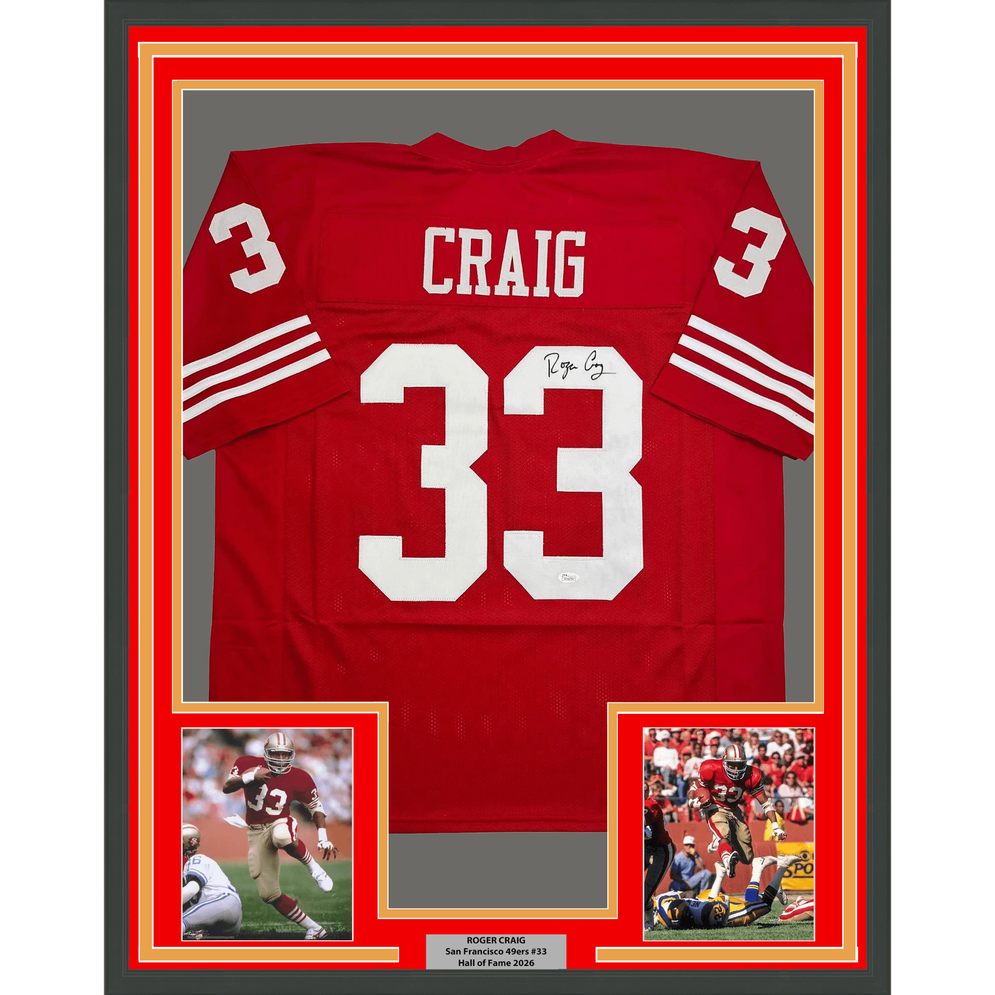 Framed Autographed/Signed Roger Craig 35x39 San Francisco Red Football Jersey JSA COA