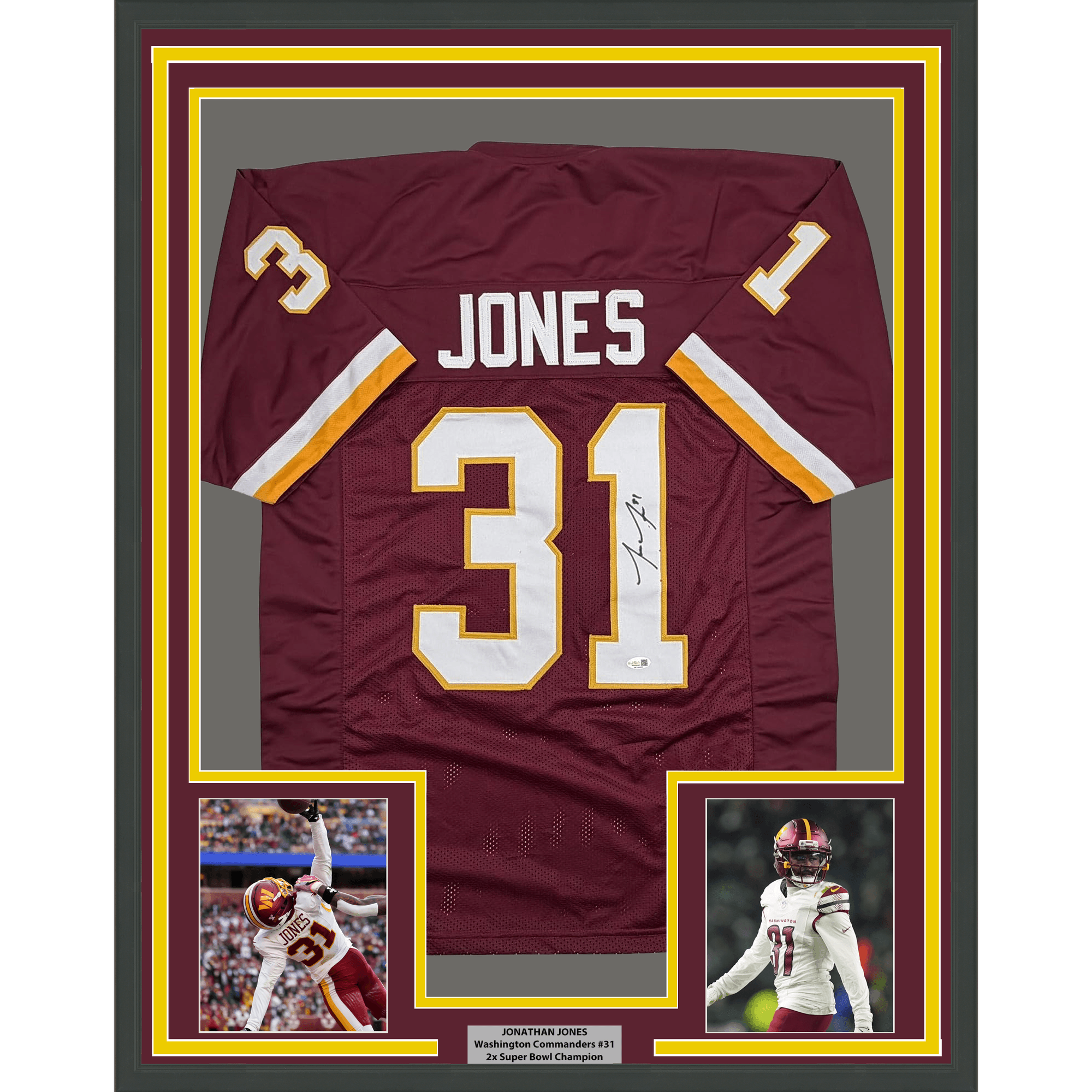 Framed Autographed/Signed Jonathan Jones 35x39 Washington Maroon Football Jersey JSA COA