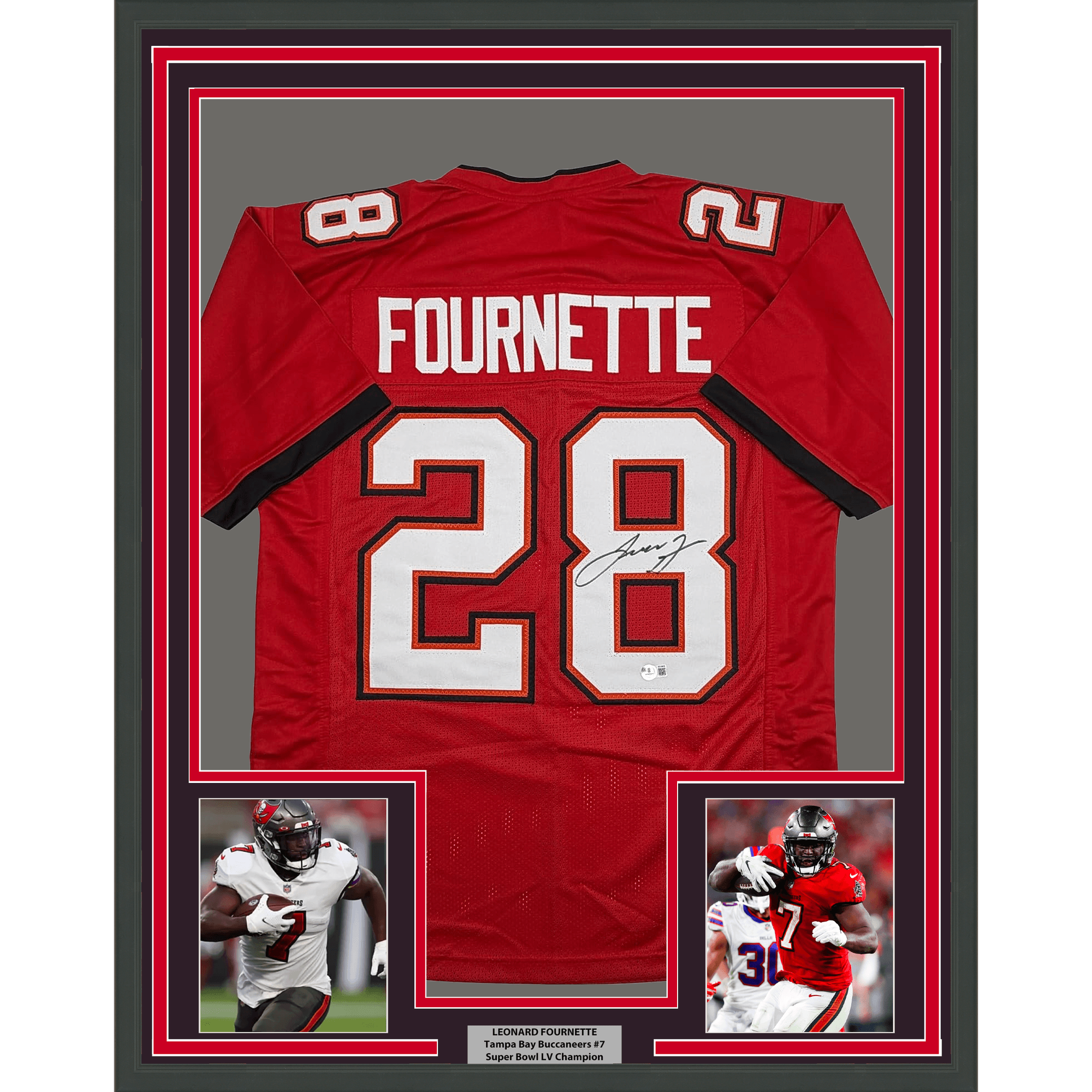 Framed Autographed/Signed Leonard Fournette 35x39 Tampa Bay Red Football Jersey Beckett BAS COA