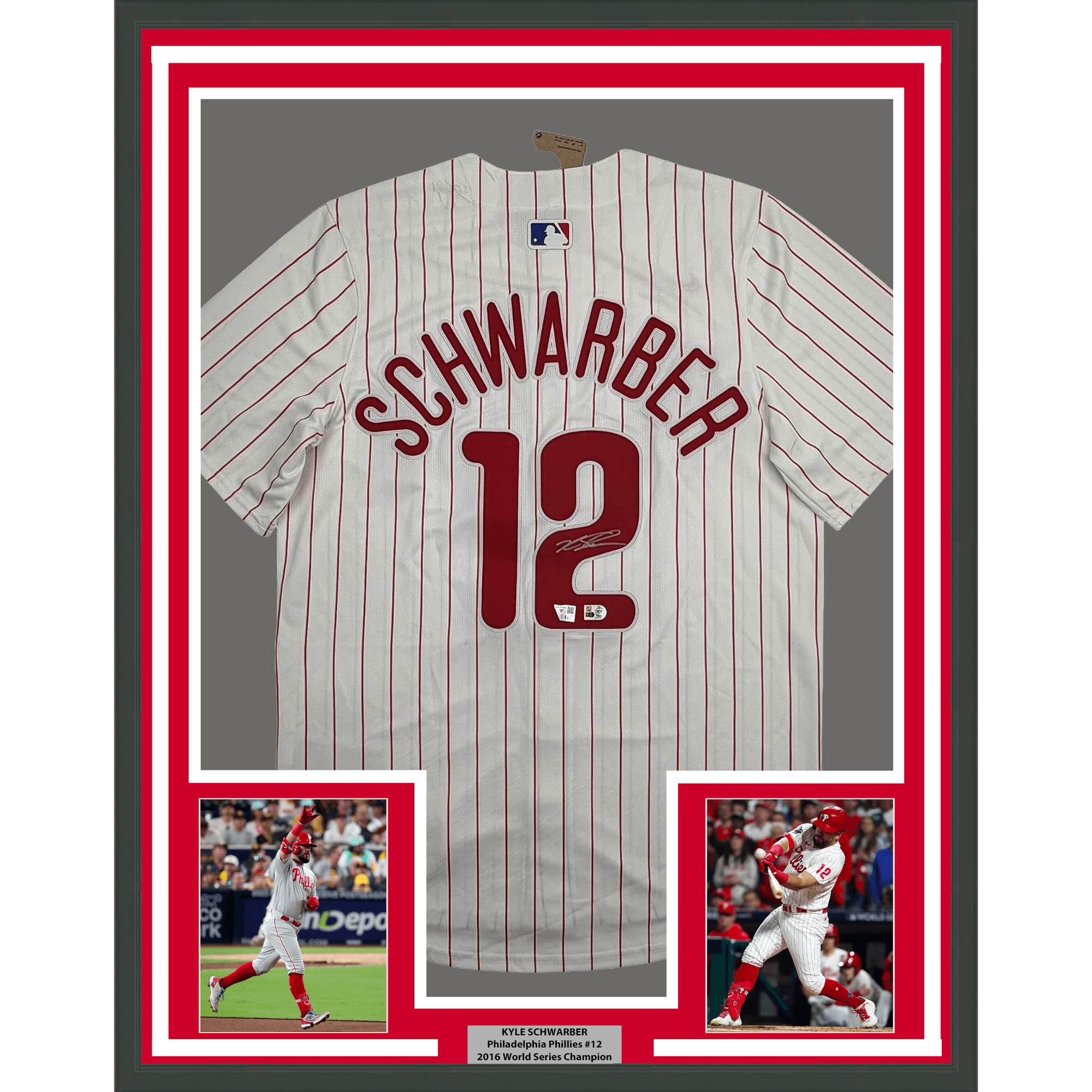 Framed Autographed/Signed Kyle Schwarber 35x39 Philadelphia Phillies Pinstripe Authentic Baseball Jersey Fanatics & MLB COA