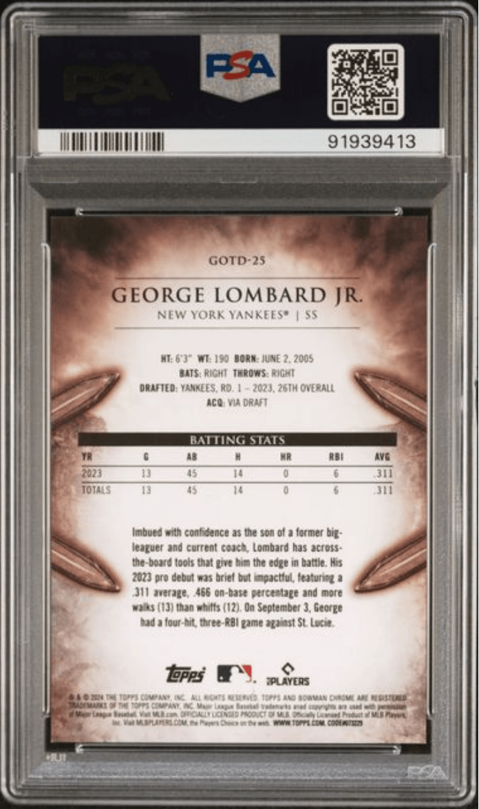 Graded 2024 Topps Bowman George Lombard Jr #GOTD25 Gladiators of the Diamond Rookie RC Baseball Card PSA 10 Gem Mint