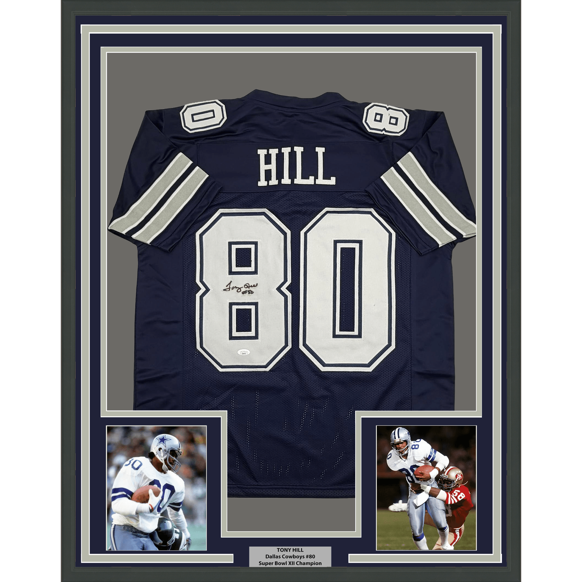 Framed Autographed/Signed Tony Hill 35x39 Dallas Blue Football Jersey JSA COA