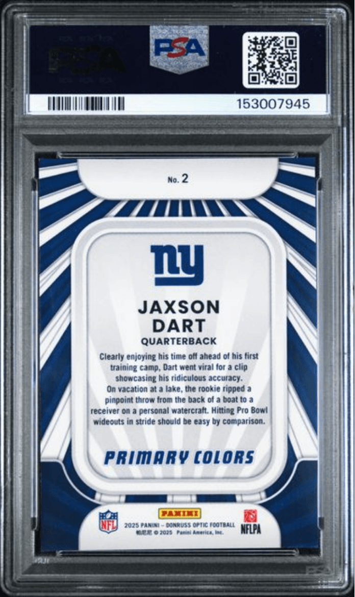 Graded 2025 Panini Donruss Optic Jaxson Dart #2 Rookie Primary Colors Rookie RC Football Card PSA 10 Gem Mint