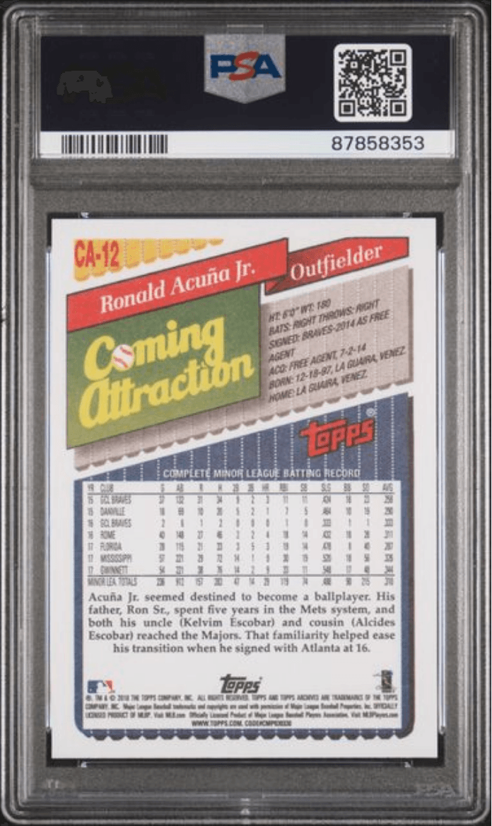 Graded 2018 Topps Archives Ronald Acuna Jr #CA12 1993 Coming Attraction Rookie RC Baseball Card PSA 10 Gem Mint