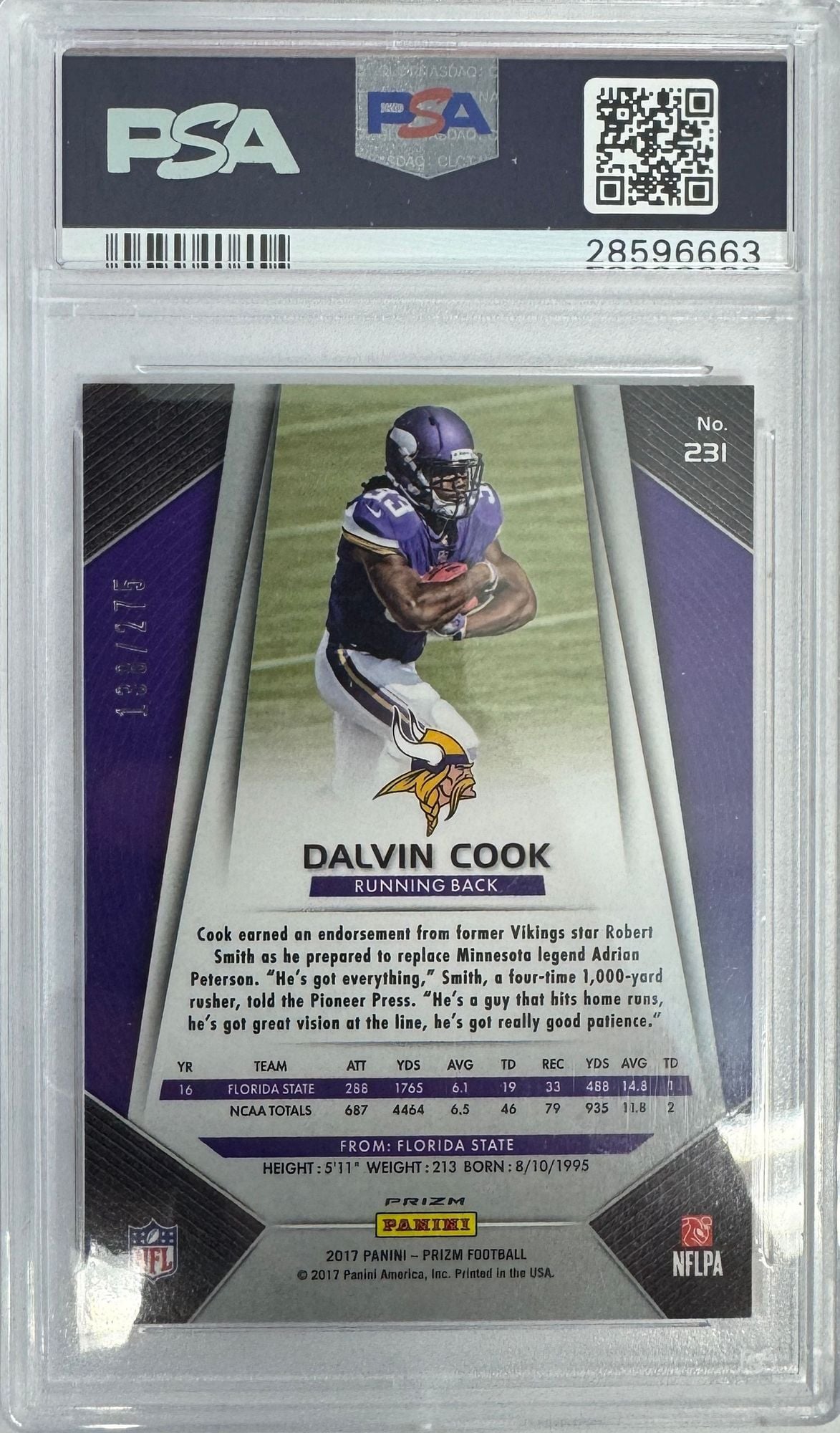 Graded 2017 Panini Prizm Dalvin Cook #231 Orange Prizm /275 Rookie RC Football Card PSA 10 Gem Mint
