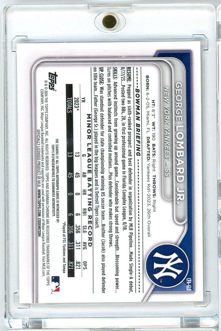 Graded 2024 Topps Bowman George Lombard Jr #CPAGLO Chrome Prospect Autograph 1st Bowman Rookie RC Baseball Card