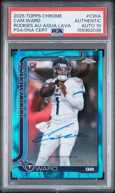 2025 Topps Chrome Cam Ward #RA-CWA Aqua Lava Rookies Auto /199 Rookie RC Football Card PSA 10 Auto