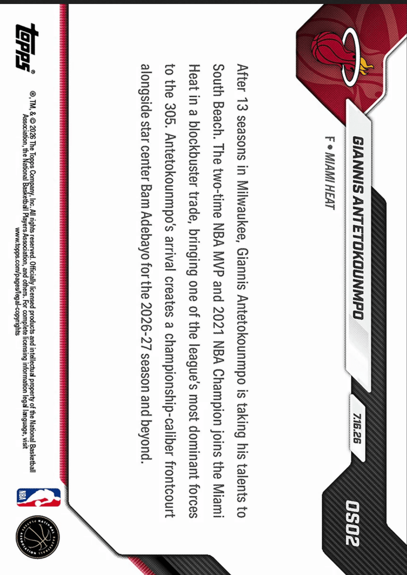 2026 Topps Now Giannis Antetokounmpo #OS02 Orange Foil /25 South Beach Bound: Officially Joins Miami Heat Basketball Card