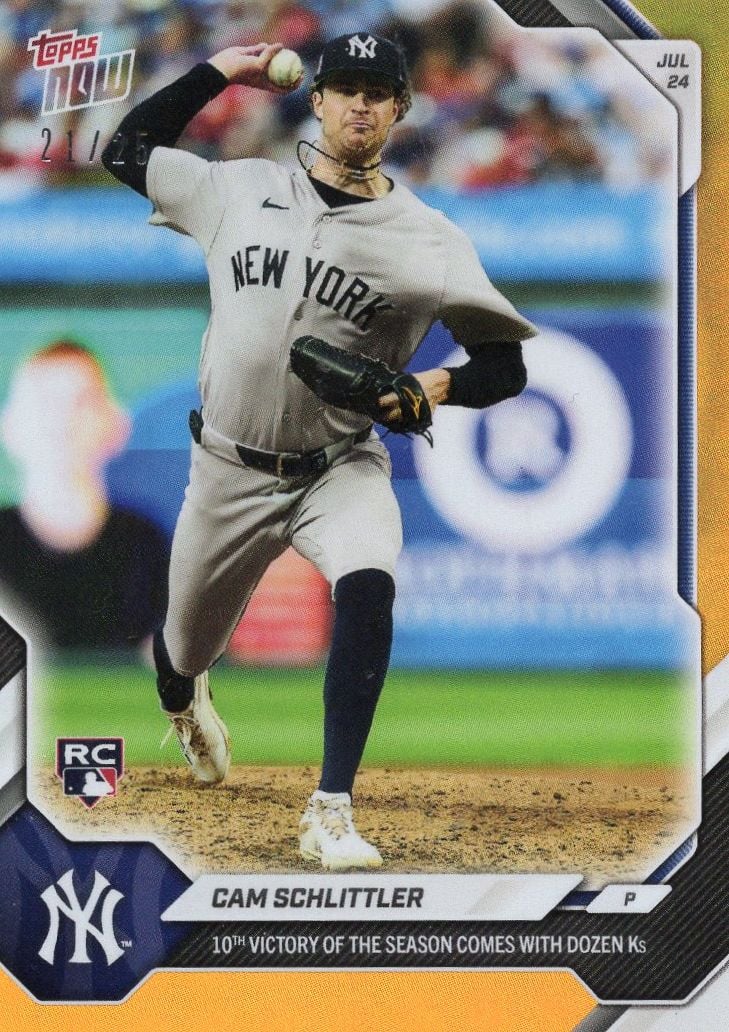 2026 Topps Now Cam Schlittler #483 Orange Foil /25 10th Victory of Season Comes with Dozen Ks New York Yankees Rookie RC Baseball Card