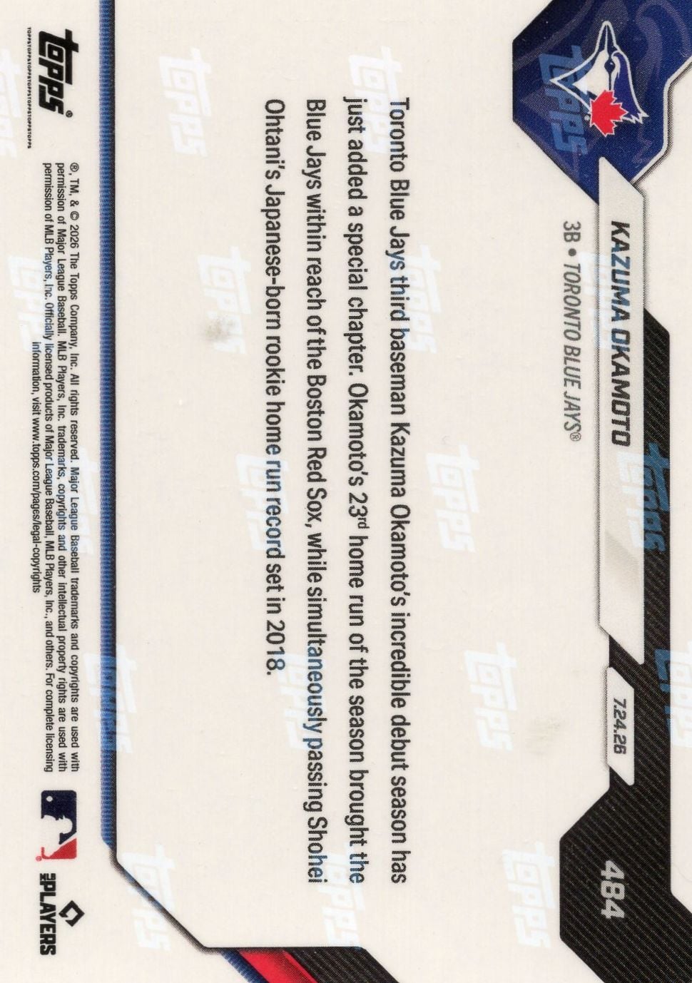 2026 Topps Now Kazuma Okamoto #484 Orange Foil /25 23rd Longball Sets Japanese-Born Home Run Rookie Record Toronto Blue Jays Rookie RC Baseball Card
