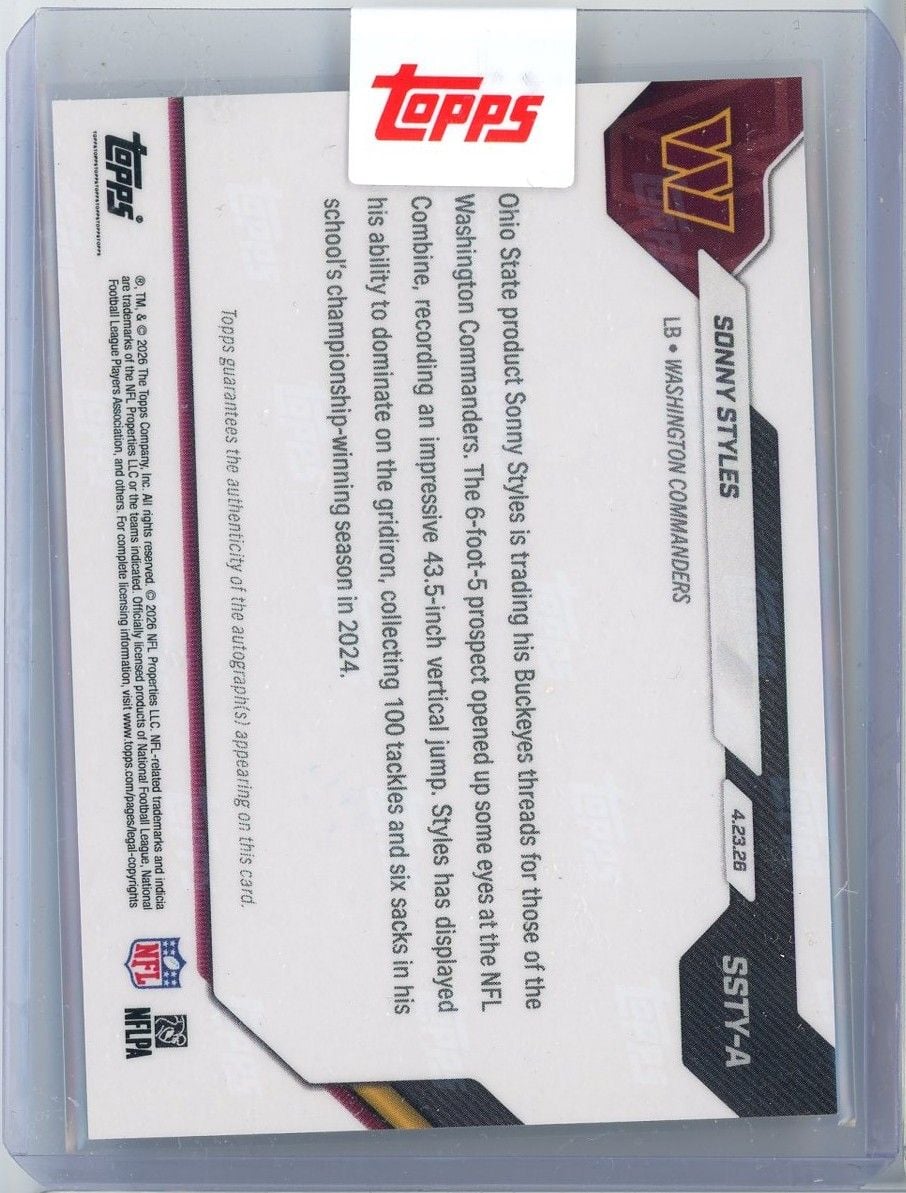2026 Topps Now Sonny Styles #SSTYA Red Auto /5 Commanders 7th Overall 2026 NFL Draft Selection Washington Commanders Rookie RC Football Card