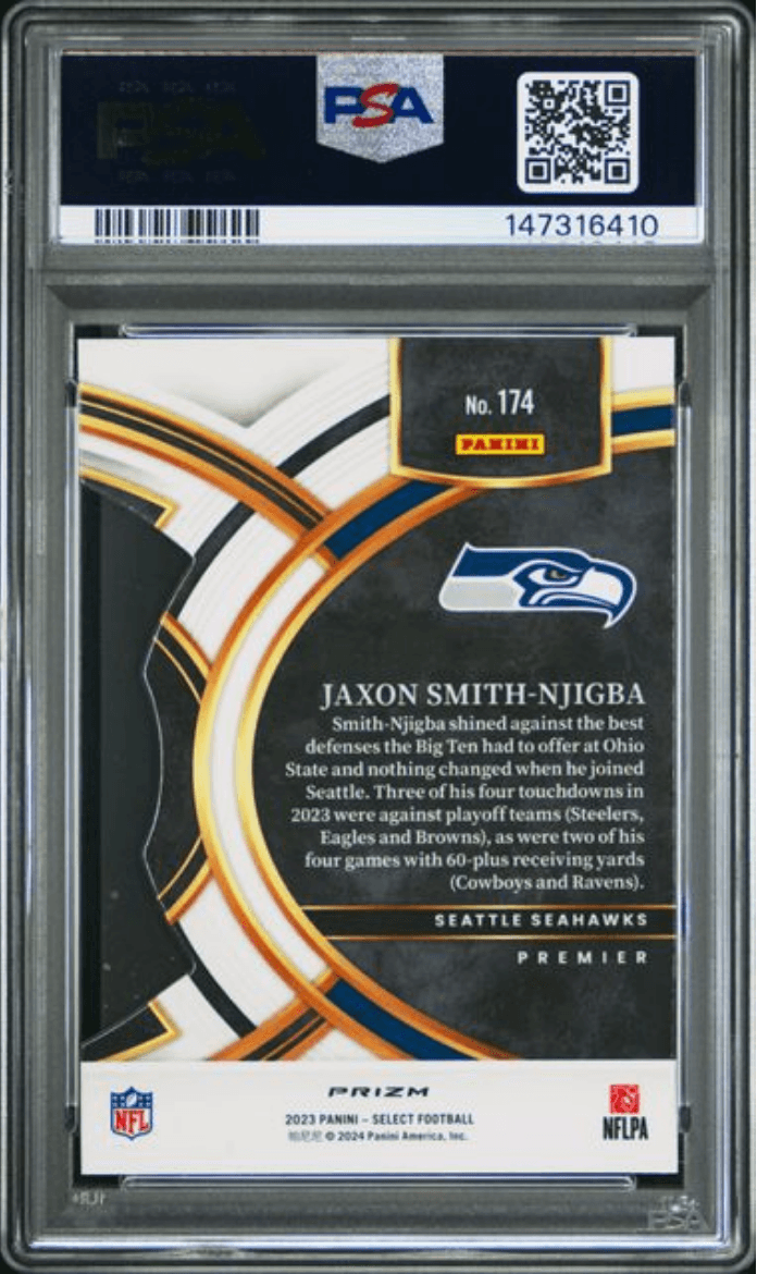 Graded 2023 Panini Select Jaxon Smith-Njigba #174 Die-Cut Red & Blue Prizm Rookie RC Football Card PSA 10 Gem Mint